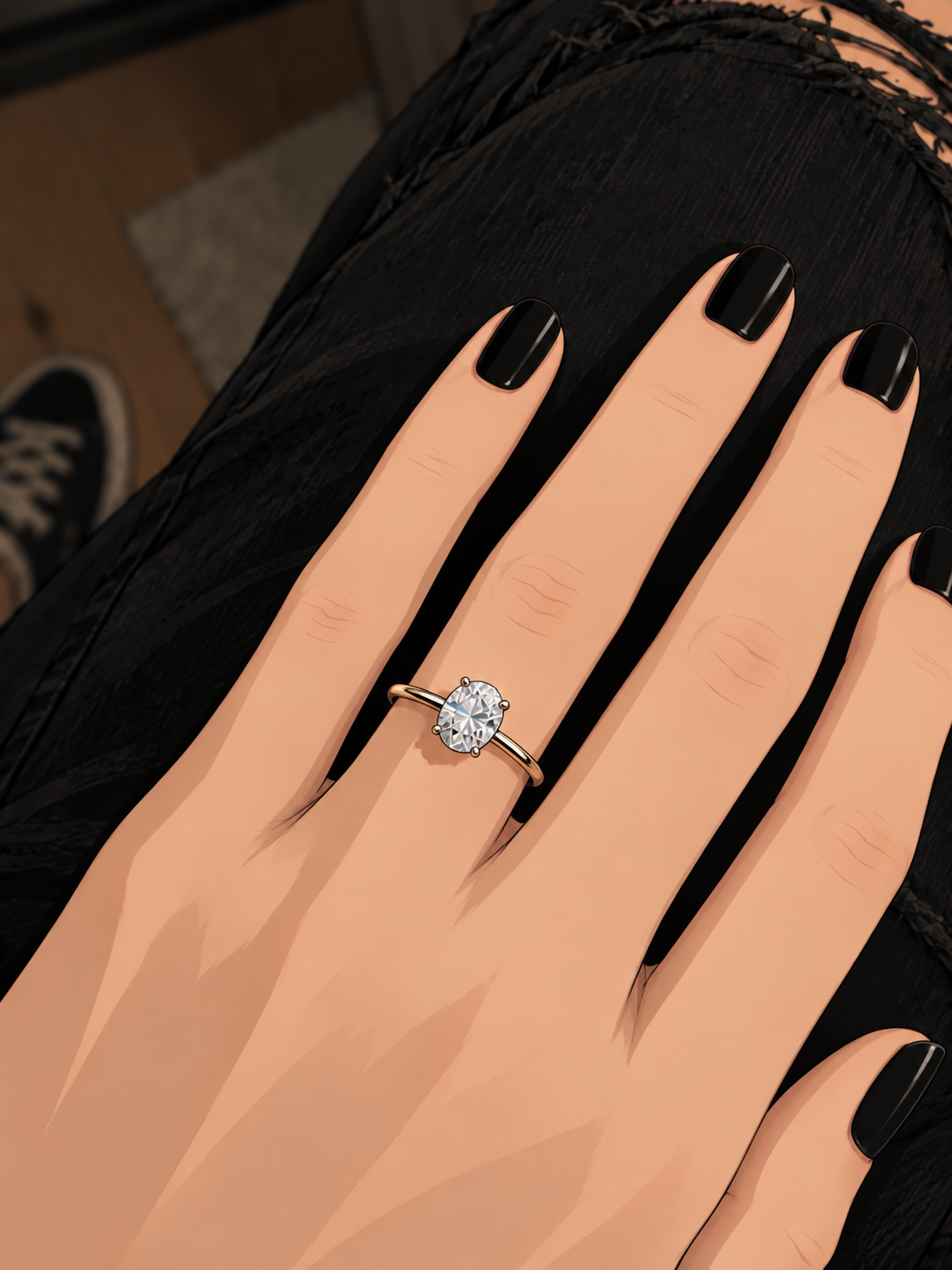 Riley's hand shows a shiny engagement ring