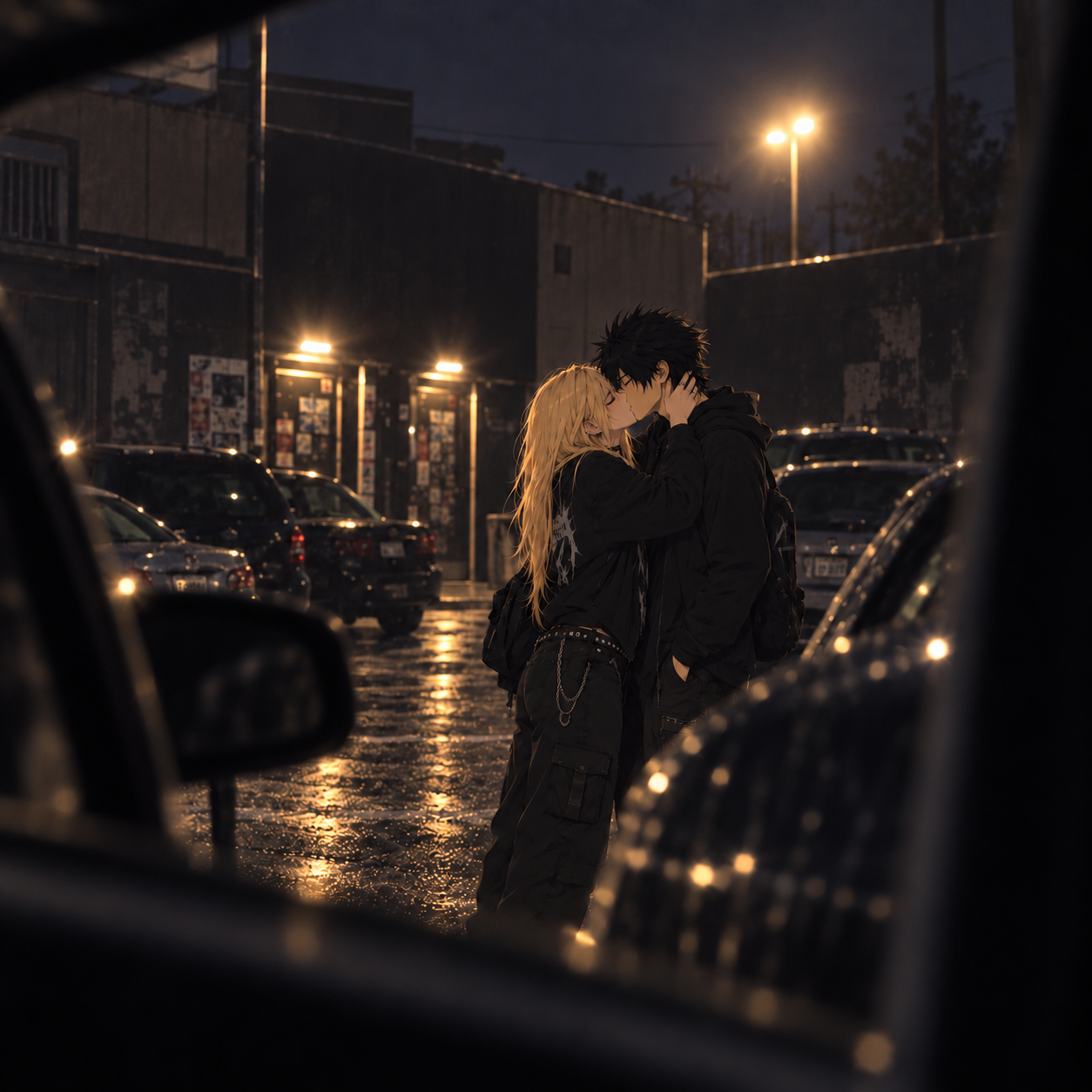 Riley and Jace kissing in a parking lot.